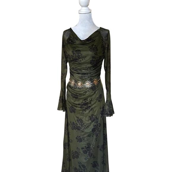Whimsigoth Olive Floral Mesh Maxi - Picture 1 of 10